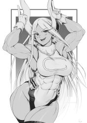 Rule 34 | 1girl, absurdres, animal ears, armpits, arms up, bare shoulders, boku no hero academia, breasts, covered abs, covered navel, crescent print, fur collar, gloves, greyscale, highleg, highleg leotard, highres, large breasts, leotard, long eyelashes, long hair, looking at viewer, mirko, monochrome, muscular, muscular female, open mouth, parted bangs, pointing, pointing up, rabbit ears, rabbit girl, signature, sleeveless turtleneck leotard, smile, solo, speedl00ver, taut leotard, teeth, thick thighs, thighhighs, thighs