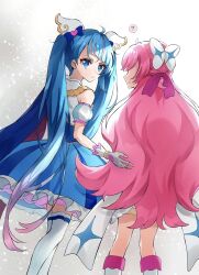 Rule 34 | 2girls, ?, arm around back, blue cape, blue dress, blue eyes, blue hair, bow, braid, cape, commentary, cure prism, cure sky, cut bangs, detached sleeves, dress, earrings, fingerless gloves, french braid, frilled dress, frills, frown, gloves, gradient hair, hair bow, hair ribbon, highres, hirogaru sky! precure, jewelry, long hair, looking at viewer, looking back, magical girl, medium dress, muginome (bakuga chan2), multicolored hair, multiple girls, nijigaoka mashiro, pink hair, precure, puffy detached sleeves, puffy sleeves, purple ribbon, red cape, ribbon, single sidelock, sleeveless, sleeveless dress, sora harewataru, spoken question mark, standing, streaked hair, thighhighs, twintails, two-sided cape, two-sided fabric, two-tone dress, two-tone hair, very long hair, white bow, white dress, white gloves, white thighhighs, wing hair ornament