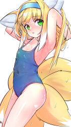 Rule 34 | absurdres, animal ear fluff, animal ears, arknights, armpits, arms behind head, blonde hair, blue one-piece swimsuit, breasts, covered navel, fox ears, fox girl, fox tail, from side, green eyes, hairband, hands in hair, highres, long hair, looking at viewer, multiple tails, one-piece swimsuit, phi str, school swimsuit, small breasts, suzuran (arknights), swimsuit, tail, thighs, wet, wet clothes, wet swimsuit