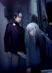 Rule 34 | 1boy, 1girl, air conditioner, alley, aoyagi touya, belt chain, black dress, black hair, black sweater, blue eyes, blue suit, commentary request, dress, expressionless, feet out of frame, formal, glowing, glowing eyes, grey eyes, grey hair, hair between eyes, highres, jewelry, long hair, multicolored hair, necklace, project sekai, short hair, sitting, split-color hair, standing, suit, sweater, turtleneck, turtleneck sweater, two-tone hair, very long hair, yamaki kai, yoisaki kanade