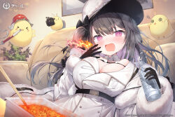 Rule 34 | 1girl, @ @, azur lane, bare shoulders, belt, bird, black belt, black gloves, black ribbon, blush, bottle, breast pocket, breasts, camcorder, camera, chick, chopsticks, coat, copyright name, copyright notice, couch, detached collar, fire, floating hair, food, fur-trimmed coat, fur trim, gloves, hair ribbon, hands up, hat, highres, holding, holding bottle, holding camera, indoors, large breasts, long hair, long sleeves, looking at viewer, manjuu (azur lane), military, military uniform, official art, on couch, one side up, open mouth, pamiat merkuria (azur lane), pink eyes, pocket, raised eyebrows, ribbon, topia, uniform, video camera, water, wavy mouth, white coat, white headwear