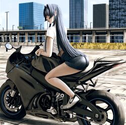 Rule 34 | 1girl, absurdres, alternate costume, artist name, ass, black hair, blue eyes, blue hair, breasts, bridge, building, city, cityscape, crossed arms, dated, highres, holocouncil, hololive, hololive english, large breasts, lips, long hair, looking at viewer, motor vehicle, motorcycle, on vehicle, ouro kronii, outdoors, railing, road, scenery, shirt, shoes, shorts, signature, sky, sneakers, solo, steb, street, virtual youtuber, white footwear, white shirt