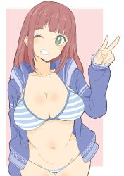 Rule 34 | 1girl, :d, absurdres, bad id, bad twitter id, bikini, blue bikini, blue jacket, copyright request, cowboy shot, donguri suzume, green eyes, hand up, highres, jacket, long sleeves, looking at viewer, navel, one eye closed, open clothes, open jacket, open mouth, pink background, red hair, simple background, smile, solo, striped bikini, striped clothes, swimsuit, thigh gap, w