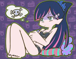 Rule 34 | &gt;:/, :/, annoyed, bra, breasts, green eyes, hair ornament, hairclip, legs, lingerie, panties, panty &amp; stocking with garterbelt, patterned background, pillow, pink hair, ponytail, purple hair, skull and crossbones, solo, stocking (psg), thought bubble, underwear, v-shaped eyebrows