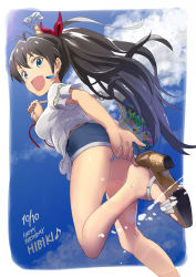 Rule 34 | 1girl, :d, adjusting clothes, adjusting shoe, andou shuki, antenna hair, ass, bag, bare legs, blue sky, blush, breasts, character name, cloud, dated, day, denim, denim shorts, earrings, fang, feather earrings, feathers, feet, flag, foreshortening, from below, ganaha hibiki, hair ribbon, hamster, hamuzou, handbag, happy birthday, highres, idolmaster, idolmaster (classic), jewelry, leg up, lens flare, long hair, looking at viewer, looking down, medium breasts, nail polish, open mouth, outdoors, ponytail, red ribbon, ribbon, running, sandals, shirt, short shorts, short sleeves, shorts, shoulder bag, silver nails, sky, smile, solo, very long hair, white shirt