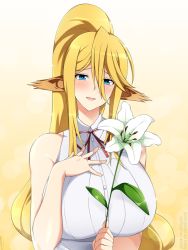 Rule 34 | 1girl, :d, animal ears, bare shoulders, blonde hair, blue eyes, blush, breasts, centorea shianus, collared shirt, commentary, english commentary, flower, hair between eyes, hand on own chest, holding, holding flower, horse ears, large breasts, lindaroze, long hair, looking at viewer, monster girl, monster musume no iru nichijou, neck ribbon, open mouth, patreon username, pointy ears, ponytail, red ribbon, ribbon, shirt, sidelocks, simple background, smile, solo, twitter username, upper body, very long hair, watermark, web address, white shirt, yellow background