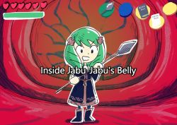 Rule 34 | 1girl, book, boots, dress, drill hair, drooling, english text, female focus, fire emblem, fire emblem: three houses, flayn (fire emblem), green hair, health bar, heart, holding, holding polearm, holding weapon, inside creature, nintendo, polearm, setz, solo, spear, the legend of zelda, the legend of zelda: ocarina of time, twin drills, weapon