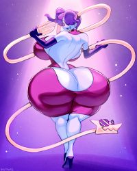 Rule 34 | 1girl, absurdres, angstrom, ass, backboob, blue skin, breasts, butt crack, colored skin, elbow gloves, gigantic breasts, gloves, hair over one eye, high heels, highres, huge ass, huge breasts, skullgirls, solo, squigly (skullgirls), zombie