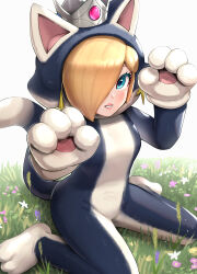 Rule 34 | 1girl, animal costume, animal ears, animal hands, animal hood, blonde hair, blue eyes, blush, cat costume, cat ears, cat girl, cat hood, cat rosalina, cat tail, commentary, crown, earrings, eyelashes, flower, from above, gem, gonzarez, grass, hair over one eye, hands up, highres, hood, hood up, jewelry, lips, looking at viewer, mario (series), nintendo, one eye covered, parted bangs, parted lips, paw pose, rosalina, sidelocks, simple background, sitting, smile, solo, star (symbol), star earrings, super mario 3d world, swept bangs, tail, wariza, white background