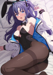 Rule 34 | 1girl, animal ears, bed sheet, black bow, black leotard, blue archive, blush, bow, breasts, brown pantyhose, detached collar, fake animal ears, halo, jacket, leotard, long hair, long sleeves, looking at viewer, mechanical halo, medium breasts, open mouth, pantyhose, pillow, purple eyes, purple hair, rabbit ears, rin ateria, solo, strapless, strapless leotard, thighband pantyhose, two-sided fabric, two-sided jacket, two side up, white jacket, yuuka (blue archive)