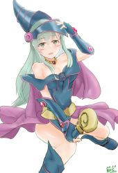 Rule 34 | 1girl, aqua eyes, aqua hair, blue footwear, blue headwear, blush stickers, breasts, capelet, cosplay, dark magician girl, dark magician girl (cosplay), dress, fingerless gloves, gauntlets, gloves, hat, highres, jewelry, kantai collection, long hair, medium breasts, natuya sai., necklace, off-shoulder dress, off shoulder, open mouth, pentacle, pentagram, simple background, skirt, suzuya (kancolle), wand, white background, wizard hat, yu-gi-oh!, yu-gi-oh! duel monsters