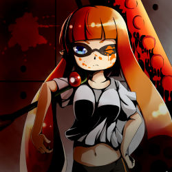 Rule 34 | 1girl, blue eyes, domino mask, female focus, frown, gradient background, hand on own hip, inkling player character, mask, midriff, navel, nintendo, orange hair, solo, splatoon (series), twintails, wince