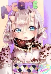 Rule 34 | 1girl, akeome, blue eyes, blush, ear piercing, earrings, fang, fingernails, hair between eyes, hands up, happy new year, horns, japanese clothes, jewelry, kimono, long sleeves, looking at viewer, medium hair, nekometaru, new year, obi, open mouth, original, piercing, pink hair, pink kimono, pointy ears, sash, skin-covered horns, sleeves past wrists, solo