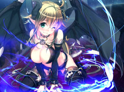 Rule 34 | 1girl, ;), ;3, ahoge, bad id, bad pixiv id, bat wings, bdsm, black thighhighs, blonde hair, blush, bondage, bound, breasts, brown hair, character request, cleavage, covered erect nipples, cuffs, demon girl, demon horns, demon wings, fangs, female focus, garter straps, green eyes, high heels, horns, impossible clothes, jewelry, large breasts, long hair, lots of jewelry, meiyaku no guardian knights, midriff, nail polish, one eye closed, original, pointy ears, smile, solo, source request, teeth, thighhighs, wings, wink, yamacchi