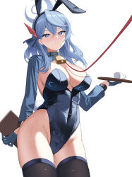 Rule 34 | 1girl, absurdres, ako (blue archive), animal ears, blue archive, blue eyes, blue hair, blue leotard, breasts, clipboard, earrings, fake animal ears, fake tail, groin, highleg, highleg leotard, highres, holding, holding clipboard, holding tray, jewelry, large breasts, leash, leotard, nacho (nacho 1103), parted lips, playboy bunny, rabbit ears, rabbit tail, shrug (clothing), solo, stud earrings, sweat, tail, tearing up, thighhighs, tray