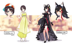 Rule 34 | 2girls, alternate costume, animal ear fluff, animal ears, anklet, arm cuffs, asymmetrical bangs, azumi akitake, backwards hat, bare legs, baseball cap, bell, black dress, black footwear, black gloves, black hair, black nails, blue eyes, breasts, brown hair, character name, closed mouth, criss-cross halter, dress, flower wreath, full body, gloves, green eyes, grin, hair bell, hair ornament, halterneck, hat, high heels, hololive, inset, jewelry, long dress, long hair, looking at viewer, medium breasts, multicolored eyes, multicolored hair, multicolored nails, multiple girls, multiple views, nail polish, necklace, ookami mio, oozora subaru, orange eyes, parted bangs, ponytail, red hair, red nails, see-through, shoes, short hair, simple background, single glove, sleeveless, sleeveless dress, smile, standing, straight hair, tail, thighs, two-tone hair, virtual youtuber, white background, white footwear, wolf ears, wolf tail, yellow dress