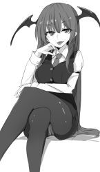 Rule 34 | 1girl, breasts, buttons, crossed legs, greyscale, head wings, kamukamu (ars), koakuma, large breasts, long hair, long sleeves, miniskirt, monochrome, necktie, panties, panties under pantyhose, pantyhose, pointy ears, simple background, sitting, skirt, smile, solo, tongue, tongue out, touhou, underwear, very long hair, white background, wing collar, wings