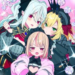 1boy 2girls black_dress blonde_hair blunt_bangs blush bow breasts brown_hair chest_harness cleavage cleavage_cutout clothing_cutout collared_dress colored_inner_hair crossdressing crown dress ear_piercing fangs flat_chest flower frilled_dress frilled_hairband frills fuubuu genderswap genderswap_(mtf) gothic_lolita green_eyes hair_between_eyes hair_bow hairband harness heart_cutout highres jacket juliet_sleeves kuzuha_(nijisanji) lolita_fashion long_hair long_sleeves looking_at_viewer maid_headdress makaino_ririmu makaino_ririmu_(5th_costume) mandarin_collar multicolored_hair multiple_girls nail_polish nijisanji official_alternate_costume official_alternate_hair_length official_alternate_hairstyle open_mouth parted_bangs piercing pink_background pink_eyes pink_hair pink_jacket pointy_ears puckered_lips puffy_long_sleeves puffy_sleeves red_eyes red_nails rose sanya_(kuzuha) sharp_teeth short_hair sleeves_past_fingers sleeves_past_wrists smile straight_hair streaked_hair teeth trap two-tone_hair two_side_up upper_teeth_only uzuki_kou uzuki_kou_(4th_costume) v-shaped_eyebrows very_long_hair virtual_youtuber wavy_hair white_hair wide_sleeves