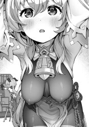Rule 34 | 1girl, armpits, arms up, bell, blush, bookshelf, breasts, chinese knot, covered erect nipples, detached sleeves, flower knot, from behind, ganyu (genshin impact), genshin impact, greyscale, halterneck, hanging breasts, large breasts, long hair, monochrome, multiple views, neck bell, open mouth, paid reward available, pantyhose, see-through, sideboob, sidelocks, skindentation, solo, stairs, tatsuya (s6pillars), thighs, vision (genshin impact), waist cape
