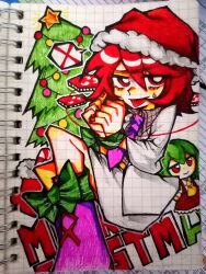 Rule 34 | 1girl, absurdres, character doll, chinese commentary, christmas, christmas tree, collared shirt, commentary request, fumo (doll), graph paper, green ribbon, grey shirt, hat, highres, horikawa raiko, jacket, kazami yuuka, marker (medium), merry christmas, necktie, open clothes, open jacket, pink footwear, pink necktie, red eyes, red hair, red headwear, red nails, ribbon, santa hat, shirt, short hair, skirt, spoken x, sweat, tongue, tongue out, touhou, traditional media, white jacket, white skirt, xianyujunzhimiyingla