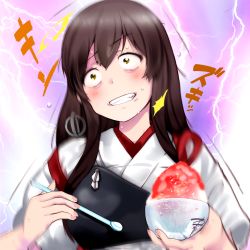 Rule 34 | 1girl, akagi (kancolle), blush, brain freeze, brown eyes, brown hair, clenched teeth, commentary request, constricted pupils, drinking straw, food, holding, holding drinking straw, kantai collection, lightning, long hair, motion blur, muneate, shaved ice, solo, spoon, sweat, teeth, wide-eyed, yamasaki wataru