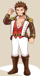 Rule 34 | 1boy, beard, belt, blue eyes, boots, brown hair, epaulettes, facial hair, fate/grand order, fate (series), fringe trim, full body, goatee, long sideburns, long sleeves, pectoral cleavage, male focus, military, military uniform, muscular, napoleon bonaparte (fate), open clothes, open mouth, open shirt, pants, pectorals, pointing, pointing forward, scar, shitappa, sideburns, solo, tight clothes, unbuttoned, uniform, white pants