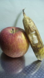 Rule 34 | apple, banana, face, food, fruit, highres, photo (medium), sculpture, smile, staring, y yamaden
