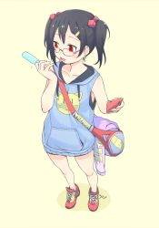 Rule 34 | 10s, 1girl, bag, bespectacled, black hair, cube hair ornament, duffel bag, food, glasses, hair ornament, highres, love live!, love live! school idol project, orangyool, popsicle, red eyes, simple background, solo, twintails, yazawa nico, yellow background