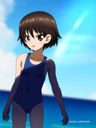 Rule 34 | 1girl, :p, artist name, blue sky, blurry, blurry background, brown eyes, brown hair, closed mouth, commentary, cowboy shot, dated, day, flat chest, girls und panzer, highres, horizon, isobe noriko, looking at viewer, naotosi, ocean, one-piece swimsuit, outdoors, school swimsuit, shade, short hair, sky, solo, standing, swimsuit, tongue, tongue out