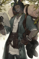 Rule 34 | 1boy, absurdres, animal ears, backpack, bag, belt, bishounen, black footwear, black gloves, black hair, black pants, boots, unworn boots, branch, buttons, choker, coat, collarbone, commentary, cowboy shot, dark-skinned male, dark skin, erenville, final fantasy, final fantasy xiv, frog, gloves, green coat, hand on own hip, highres, holding, holding paper, leaf, looking at viewer, male focus, pants, paper, pouch, rabbit ears, shirt, short hair, solo, standing, tladpwl03, viera, white shirt, yellow choker, yellow eyes