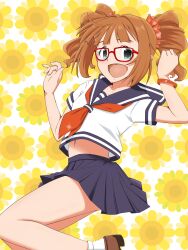 Rule 34 | 1girl, :d, bespectacled, blush, bow, bracelet, breasts, brown hair, collarbone, dot nose, floral background, flower, glasses, green eyes, grey skirt, hair bow, hands up, highres, idolmaster, idolmaster (classic), idolmaster million live!, idolmaster million live! theater days, jewelry, jumping, loafers, long hair, looking at viewer, midriff peek, navel, neckerchief, open mouth, pleated skirt, red-framed eyewear, red bow, red neckerchief, sailor collar, school uniform, serafuku, shirt, shoes, short hair, short sleeves, skirt, small breasts, smile, socks, solo, sunflower, takatsuki yayoi, the end of chun, twintails, white shirt