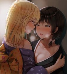 Rule 34 | 2girls, after kiss, alternate costume, back bow, bare shoulders, black kimono, blonde hair, blush, bow, breasts, breath, brown hair, cleavage, collarbone, commentary request, eye contact, floral print, fumei (mugendai), hair bow, half-closed eyes, hand on another&#039;s shoulder, heavy breathing, japanese clothes, kimono, large bow, long hair, long sleeves, looking at another, maribel hearn, multiple girls, nose blush, off shoulder, open mouth, orange eyes, pink eyes, print kimono, profile, purple kimono, saliva, saliva trail, short hair, small breasts, sweat, teeth, touhou, upper body, upper teeth only, usami renko, white bow, yellow bow, yuri