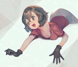 Rule 34 | 1girl, ass, black eyes, black gloves, black hair, breasts, cleavage, gloves, hair between eyes, kaban (kemono friends), kemono friends, mifu (b24vc1), open mouth, pants, red shirt, shadow, shirt, short hair, short sleeves, small breasts, solo, white pants