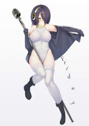 Rule 34 | 10s, 1girl, bad id, bad pixiv id, bare shoulders, black hair, blush, boots, breasts, covered erect nipples, covered navel, ellenprince181, emperor penguin (kemono friends), full body, hair over one eye, headphones, highleg, highleg leotard, highres, hood, hoodie, jacket, kemono friends, large breasts, leotard, looking at viewer, microphone, microphone stand, multicolored hair, open clothes, simple background, solo, thighhighs, white background, white leotard, white thighhighs