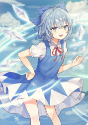 Rule 34 | 1girl, :d, absurdres, aerokinesis, ahoge, blue bow, blue dress, blue eyes, blue hair, blush, bow, breasts, cirno, cloud, cloudy sky, commentary request, day, dress, feet out of frame, hair bow, hand on own hip, hand up, highres, ice, ice wings, leaning forward, looking at viewer, nokoki (motioko5), open mouth, outdoors, pinafore dress, puffy short sleeves, puffy sleeves, red neckwear, red ribbon, ribbon, short sleeves, sky, sleeveless dress, small breasts, smile, snowflakes, solo, touhou, tsurime, wind, wind lift, wings
