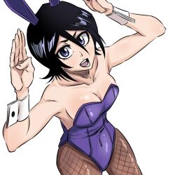 Rule 34 | 1girl, animal ears, bare shoulders, black hair, bleach, breasts, cleavage, covered navel, fake animal ears, fishnet pantyhose, fishnets, hair between eyes, highres, kuchiki rukia, leotard, looking at viewer, open mouth, pantyhose, playboy bunny, purple eyes, purple leotard, rabbit ears, rabbit pose, rakusakugk, short hair, small breasts, solo, strapless, strapless leotard, teeth, white background, wrist cuffs