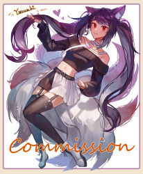 Rule 34 | 1girl, absurdres, animal ear fluff, animal ears, bad id, bad twitter id, belt, black belt, black hair, black sweater, breasts, commentary, commission, english commentary, english text, floating, fox ears, fox tail, highres, holding, holding own hair, indie virtual youtuber, long hair, looking at viewer, misu (miisuuu), multiple tails, off-shoulder sweater, off shoulder, red eyes, skeb commission, skirt, small breasts, smile, solo, sweater, sweater tucked in, tail, thighhighs, twintails, very long hair, virtual youtuber, white skirt, yoruubi