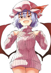 Rule 34 | 1girl, cowboy shot, deetamu, fangs, hat, hat ribbon, highres, light purple hair, looking at viewer, mob cap, naked sweater, open mouth, red eyes, remilia scarlet, ribbed sweater, ribbon, short hair, simple background, solo, sweater, touhou, turtleneck, turtleneck sweater, white background, white sweater, wings