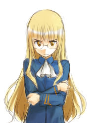 Rule 34 | 1girl, blonde hair, crossed arms, female focus, glasses, hamao, long hair, military, military uniform, perrine h. clostermann, sketch, solo, strike witches, uniform, white background, world witches series