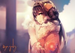 Rule 34 | 1girl, ahoge, blurry, blurry background, brown eyes, brown hair, closed mouth, depth of field, double bun, floral print, genyaky, headgear, japanese clothes, jewelry, kantai collection, kimono, kongou (kancolle), long hair, one-hour drawing challenge, own hands together, pink kimono, ring, smile, solo, twitter username, upper body, wedding band