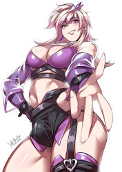 Rule 34 | 1futa, backlighting, belt, blonde hair, breasts, bulge, character request, cleavage, cleavage cutout, clothing cutout, commentary request, detached sleeves, earrings, from below, futanari, garter straps, hair ornament, hand on own hip, heart, heart-shaped pupils, highres, idol, indie virtual youtuber, jewelry, looking at viewer, navel, original, outstretched hand, purple sleeves, red eyes, ryuusei (mark ii), see-through, shiny skin, short shorts, shorts, shrug (clothing), simple background, single earring, solo, standing, symbol-shaped pupils, thick thighs, thighhighs, thighs, virtual youtuber, white background, wristband