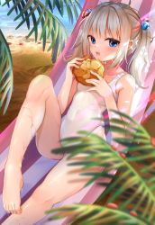 Rule 34 | 1girl, absurdres, bare legs, bare shoulders, barefoot, beach, blue eyes, blurry, blurry foreground, blush, bread, breasts, collarbone, commentary, depth of field, eating, feet, food, hair ornament, highres, holding, holding food, long hair, looking at viewer, melon bread, minertime, one-piece swimsuit, open mouth, original, small breasts, solo, swimsuit, twintails, water, wet, white hair, white one-piece swimsuit