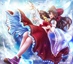 Rule 34 | 1girl, :d, ascot, bird, bow, breasts, brown eyes, brown hair, cloud, detached sleeves, feathers, frilled skirt, frills, hair bow, hair tubes, hakurei reimu, large breasts, long hair, midriff, navel, open mouth, ribbon-trimmed sleeves, ribbon trim, satoji (ochanomkmskry), see-through, shoes, skirt, sky, smile, socks, solo, sun, touhou, transparent, wide sleeves
