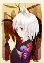 Rule 34 | 1girl, animal ears, cat ears, floral print, from side, ghost okada, japanese clothes, kimono, original, red eyes, short hair, solo, white hair
