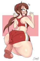 Rule 34 | 10s, 1boy, 1girl, ahoge, artist name, ass, blush, breasts, brown hair, buttjob, buttjob under clothes, commission, cowboy shot, dated, disembodied penis, embarrassed, from behind, green eyes, grinding, gym shorts, hairband, highres, huge ass, long hair, looking at viewer, looking back, medium breasts, mehdrawings, open mouth, pantylines, penis, penis under another&#039;s clothes, precum, ryoubi (senran kagura), senran kagura, shiny skin, shorts, shoulder blades, signature, solo focus, sports bra, standing, surprised, thick thighs, thighs, twintails, uncensored, white background