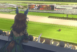 Rule 34 | 1girl, animal ears, arm up, brown hair, commentary request, day, dress, english text, from behind, green dress, horse, horse ears, horse girl, horse racing track, horse tail, jockey, king halo (umamusume), kuro oolong, long hair, real life, riding, sign, silhouette, solo focus, tail, umamusume
