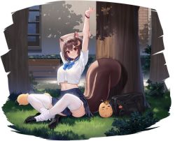 Rule 34 | 1girl, allenes, animal ears, arms up, azur lane, bag, black footwear, blue bow, blue bowtie, blue sailor collar, blue skirt, bow, bowtie, bracelet, brown hair, closed mouth, grass, highres, jewelry, loafers, looking at viewer, manjuu (azur lane), midriff, navel, official alternate costume, official art, outdoors, red eyes, sailor collar, school bag, school uniform, serafuku, shoes, short hair, short sleeves, sitting, skirt, squirrel ears, squirrel girl, squirrel tail, stretching, tail, thighhighs, transparent background, tree, wakaba (a healthy dose of sunshine!) (azur lane), wakaba (azur lane), white thighhighs