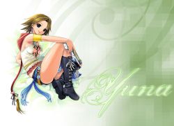 Rule 34 | 1girl, boots, breasts, brown hair, final fantasy, final fantasy x, final fantasy x-2, short hair, smile, solo, weapon, yuna