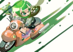 Rule 34 | 1girl, bike shorts, black shorts, blue eyes, closed mouth, driving, green hair, highres, inkling, inkling girl, inkling player character, jacket, koike3582, letterman jacket, long hair, long sleeves, motor vehicle, nintendo, on scooter, pointy ears, scooter, shoes, shorts, simple background, smile, solo, splat bomb (splatoon), splatoon (series), tentacle hair, twitter username, white background, zipper, zipper pull tab