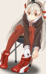 Rule 34 | 10s, 1girl, amatsukaze (kancolle), gloves, gradient background, hairband, highres, kantai collection, long hair, remil, shoes, silver hair, smile, solo, tying shoes